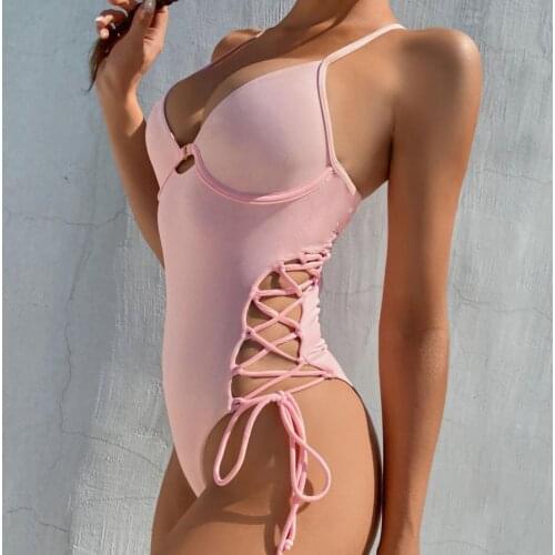 Women Hot Sexy Swimsuit Solid Color One Piece Beachwear Padded Underwire Drawstring Backless Swimwear for Swimming