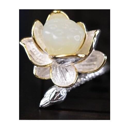 "Dan" Lotus Rhyme Noble Temperament S925 Sterling Silver Hetian Jade Lotus Ring Womens Retro Elegant Lotus Seedpod Open Ring