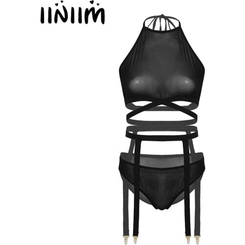 Iiniim Women See-through Mesh Lingerie Exotic Sets Transparent Underwear Halter Lace-up Backless Crop Top with Briefs Garters