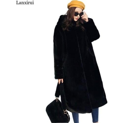 Winter Coat Women Faux Rabbit Hair Fur Coat Korean Hooded Imitation Mink Hair Long Jacket Loose Thick Warm Faux Fur Jacket Tide