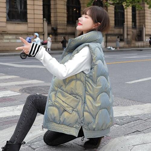 Female Waistcoat Coat Short Tops Casual 2021 New Winter Glossy Vest Jacket Womens Warm Loose Cotton Sleeveless Outerwear