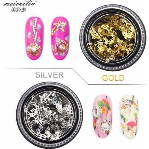 1 PCS Gold Sliver Hollow 3D Nail Decoration Snowflake Heart Star Diamond Metal Slice Tips Manicure Nail Art Decorations