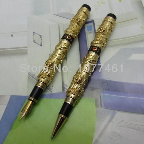 2PCS Jinhao Chinese "double Dragons Playing With The Pearl" gold rollerball pen and Fountain Pen J1183