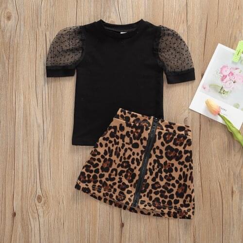 2020 Toddler Baby Girl Clothes Summer Fashion New Puff Short Sleeve Blouse Tops Zipper Leopard A-line Skirts 2pcs Set 1-6Y