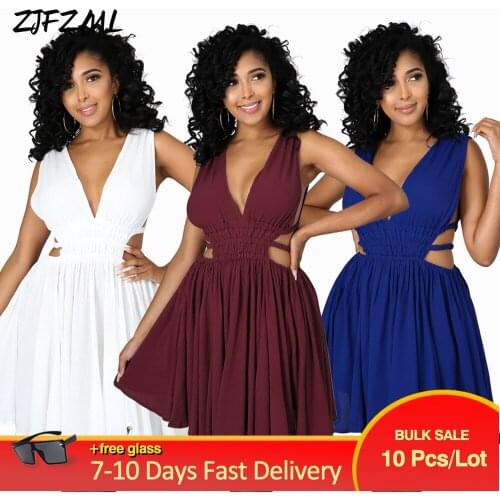 Bulk Items Wholesale Lots Sleeveless Solid Color Summer Beach Female Women Dress Stylish Style V-neck Cut Out Beach Dresses