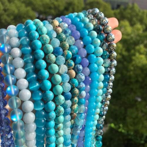4-12mm Natural Gem Agates Jades Jaspers Crystal Quartz Turquoises Blue Series Stone Beads Round Loose Beads For Jewelry Making