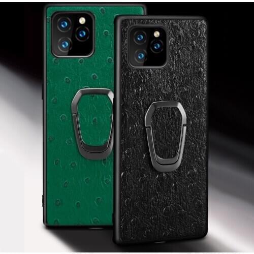 Genuine Leather Phone Case for iPhone 12 Pro Max 11 Pro Max X XS Max XR 6 6s 7 8 Plus SE 2020 Ring Magnetic Kickstand Cover