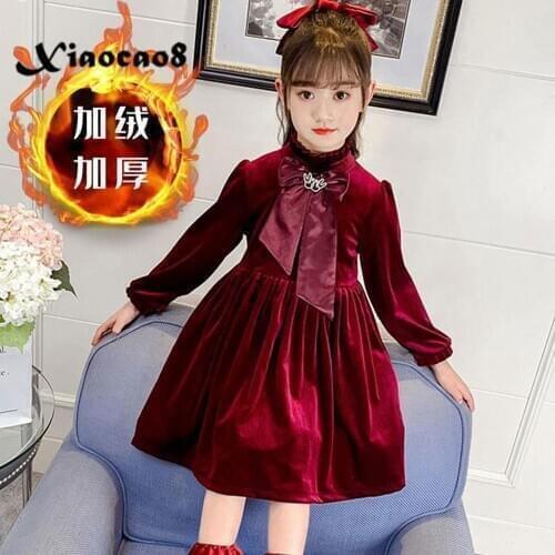 2021 Winter Autumn Girls Princess Dress Kids Thick Plush Warm Dresses for Girls Red Cute Bow Full Dress Toddler Big Girl Clothes