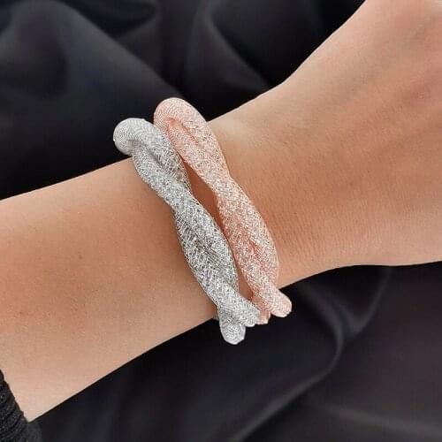 KIOOZOL Deluxe Shiny 2 Layer Cross Twist Bracelet Rose Gold Silver Color Bracelet For Women Wedding Party Jewelry 068 KO2