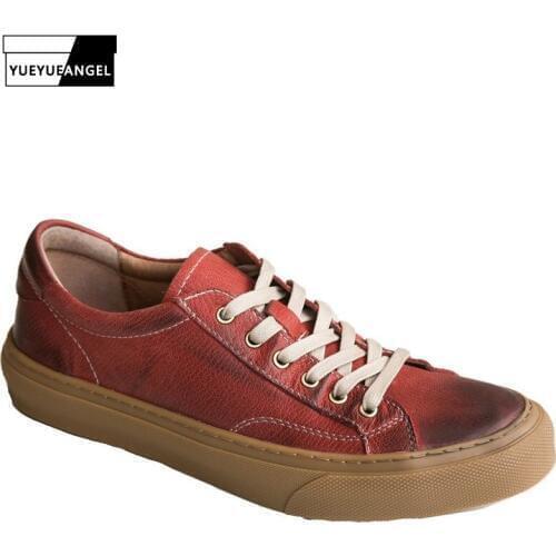 Vintage Cow Genuine Leather Men Shoes Lace Up Flat Sneakers Luxury Trainers Casual Loafers British Style Breathable Man Footwear