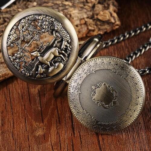 Retro Cute Deer Pattern Double-sided Hollow Skeleton Hand Wind Anitque Mechanical Pocket Watch cFor Men Women Gift