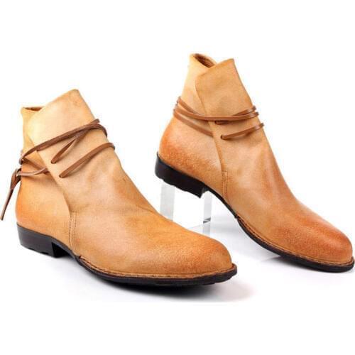 Mens Casual Ankle Boots Harajuku Lace Up Flats Shoes Male Genuine Leather Boots Slip On Breathable Cowboy Botas Hombre