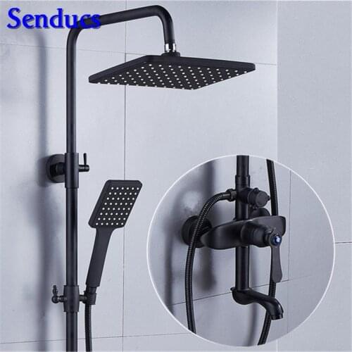 Senducs Newly Black Shower Set Rainfall Bathroom Black Bronze Shower System with High Quality Brass Bathroom Shower Faucet