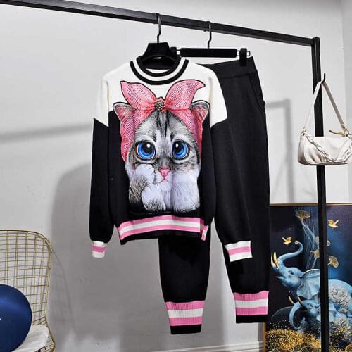 Autumn Fashion Beading Cartoon Print Knitted Tracksuits Set Women Loose Patchwork Knit Sweater Pencil Pants 2pcs Outfits Female