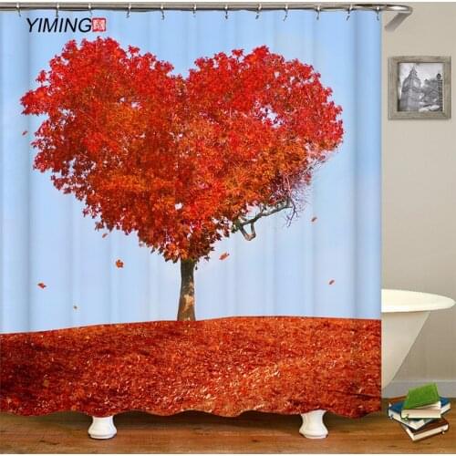 Heart-shaped Maple Leaf Tree Autumn Natural Scenery Printed Bathroom Shower Curtain Polyester Waterproof Home Decor Curtain