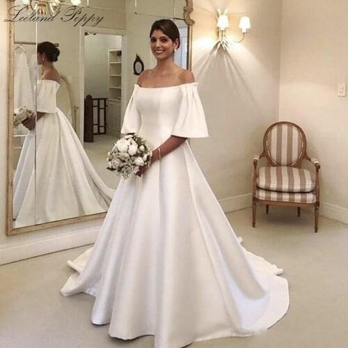 Lceland Poppy Elegant A-line Boat Neck Satin Wedding Dresses Half Sleeves Vestido de Novia Court Train Zipper Back Bridal Gowns