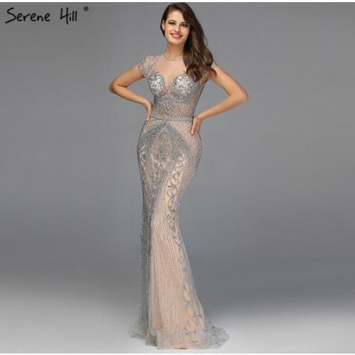 Dubai Grey Full Diamond Sexy Prom Dresses 2020 Short Sleeve Luxury Mermaid Prom Gowns Serene Hill BLA60934