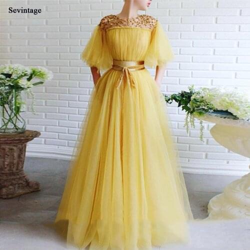 Sevintage Yellow Half Flared Sleeve Evening Dresses A Line Beaded Long Prom Dresses Pleated Tulle Formal Party Gowns with Sashes