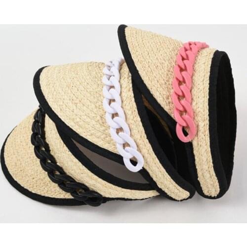 Womens Summer Hat Sun Visor Empty Top Chain Decoration Wide Brim Sun Protection Cap Female Sun Hats Beach Hat Raffia Straw Hat