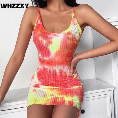 WHZZXY Tie-dye Drawstring Suspender Red Dress 2020 Summer New Sexy Slim Package Hip Dress Women