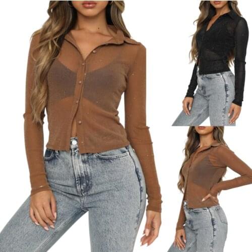 Female Shirt Solid Color Turn-Down Collar Long Sleeve Tops See-Through Blouse for Adults Women S M L XL