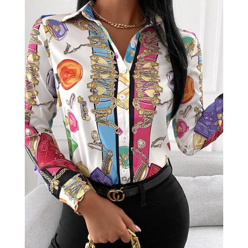 Chicme Autumn All Over Print V Neck Long Sleeve Shirt Chain Print Buttoned Turn-down Collar Blouse Elegant Office Lady Casual