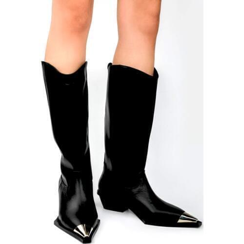 Bling Metal Pointed Toe Cow Leather Knee High Knight Boots Ladies Med Chunky Heels Slip On Martin Mixed Colors Mujer Botas