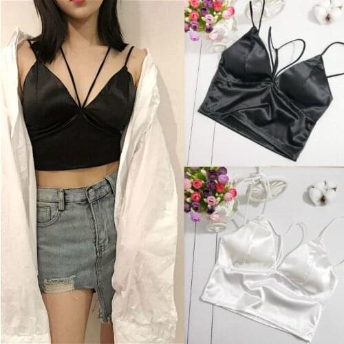 2019 Summer Satin Crop Tops Women Bralette Bustier Bra Vest Shirt V Neck Ladies Tops Black White Shirts Female Camisole