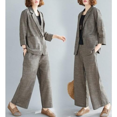 Spring summer new style literary leisure cotton linen striped one-button small suit wide-leg pants temperament fashion set women