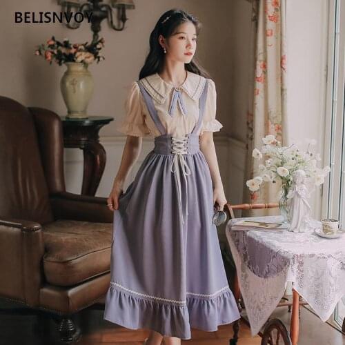 Japan Mori Girl Style Women Outfits Vintage Modern 2 Piece Sets Cute Peter Pan Collar Ribbon Shirt & Elastic Waist Bandage Skirt