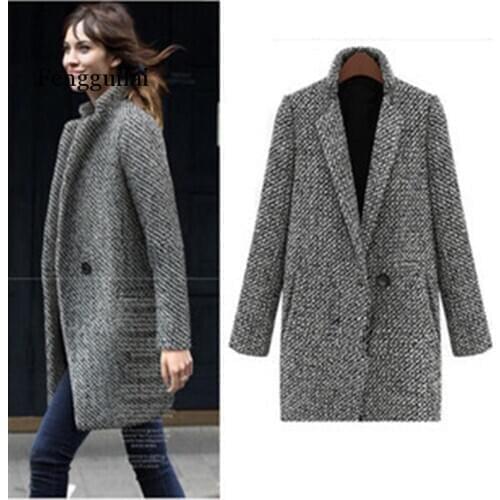Vintage Autumn Winter Woolen Coat Single Button Pocket Oversize Long Trench Coat Outerwear Women Houndstooth Cotton Blend Coat