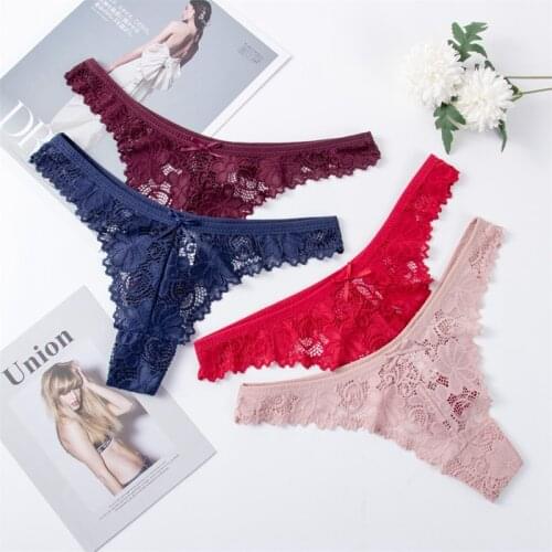 3Pcs/Lot Low Waist Lace Thong Sexy Transparent Panties Women Hollow Out Breathable G String Briefs Bow Underwear Lingerie New