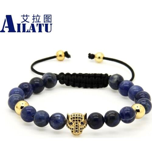 Ailatu Wholesale 10pcs/lot 8mm Natural Blue Veins Stone Beads Micro Paved Blue Zircons Leopard Macrame Cz Bracelets
