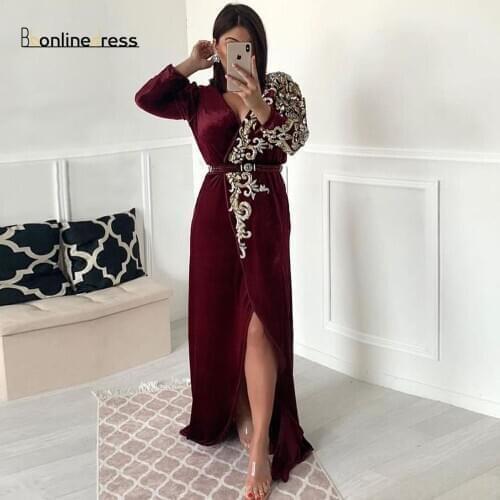 Bbonlinedress Moroccan Kaftan Evening Dresses Embroidery Appliques Long Evening Dress Full Sleeve Arabic Muslim Party-Dress