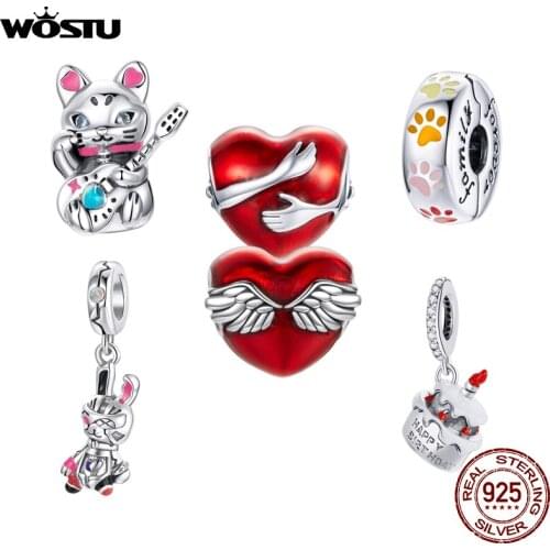 Wostu Forever Love Charms Fortune Heart 925 Sterling Silve Cat Charms Beads Fit Original Pan Bracelet Necklace 925 Fine Jewelry