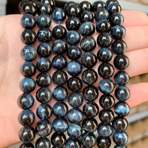 4/6/8/10/12mm Natural Blue Black Tiger Eye Stone Round Loose Beads for DIY Necklace Bracelet Jewelry Making Accessories 15inch
