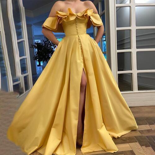 Good Quality Elegant Girls Party Wear Ruffles Button Boat Neck With High Front Split Prom Dresses