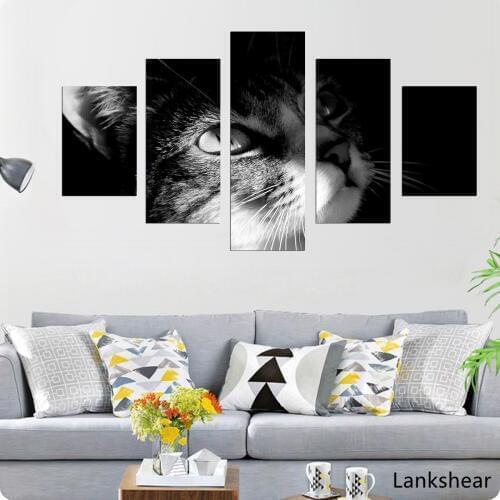 Canvas Pictures Modular Wall Art Framework 5 Pieces Animal Cat Painting Living Room HD Prints Black And White Poster Home Decor