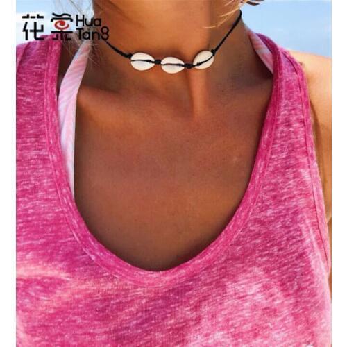 HuaTang Fashion Simple Design Black Rope Beaded Shell Chokers Necklaces For Women Girl Summer Necklace Jewelry Kolye 3500