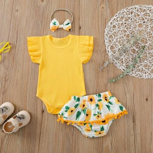 Newborn Baby Girls 3pcs Set Bodysuits Infant Ribbed Solid Fly Sleeve Romper Sunflower Printed Shorts Hair Band Children Set