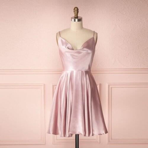 Short Pink Homecoming Dresses 2021 A Line Spaghetti Strap Sleeveless Knee Length Prom Party Gown Satin Simple with Ruched
