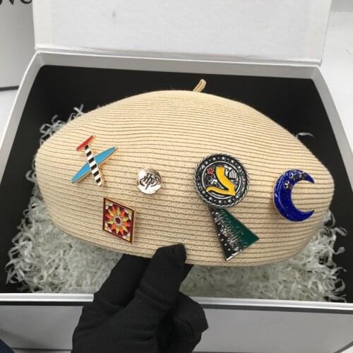 Summer fashion womens straw beret painter hat pumpkin leisure small cap badge chapter female tide