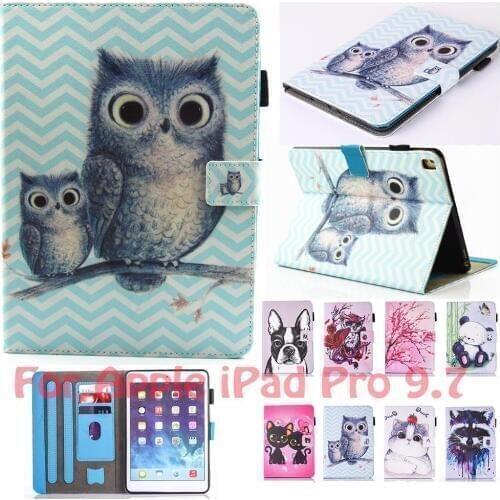 Fashion Owl Cat Dog Fruit Print Stand Pu Leather Fundas Case For Apple iPad Pro 9.7 A1673 A1674 A1675 Tablet Cover Cases Coque