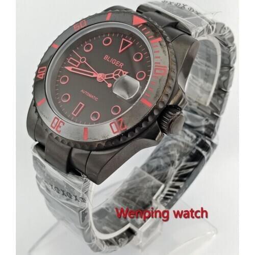 40mm BLIGER NEW PVD black Ceramic Bezel with red blue orange sapphire glass black dial automatic Date MEN WRIST WATCHES W2728