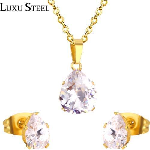 LUXUSTEEL Stainless Steel Drop Water Shape Pendant Necklace Earrings Brinco aretes Wedding Jewelry Sets Female Accessories