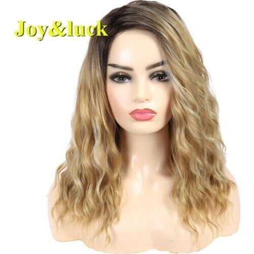 Joy&luck Ombre Blonde Wig Synthetic Wigs Natural Water Wave Brown Mixed Blond Wigs for Women Medium Length Hair Wig