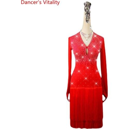 Latin Dance Dress V-Neck Diamond Tassel Skirt Long Sleeves Performance Clothes High-End Custom Adult Child Competition Clothing