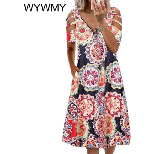 Sexy Summer Women Dress Print Short Sleeve Splice Hollow Out With Zipper V-Neck Off Shoulder Irregular Pockets Mid Dress Female