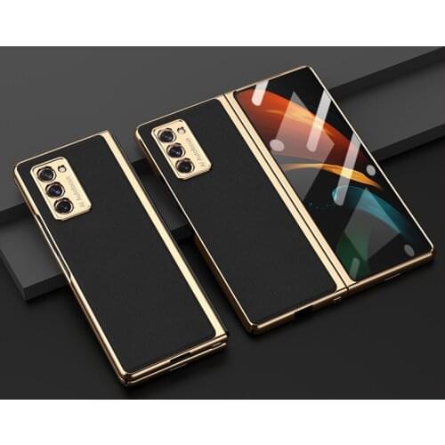 Luxury Empered Glass Case for Samsung GalaxyZ Fold2 5G All-inclusive Metal Edging TRetro Leather Cover for Galaxy Z Fold 2 Case