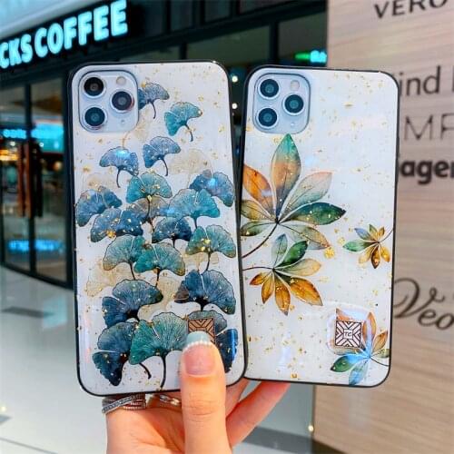 For iPhone 12 11 Pro Xs Max Mini SE X XR 7 8 Plus Luxury Silicon Case Glitter Gold Foil Marble Chic Leaf Feather Soft Cute Cover